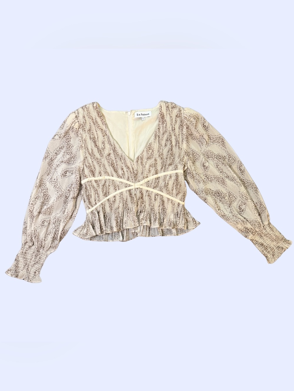 En Saison Cream and Brown Printed V-Neck Peplum Top